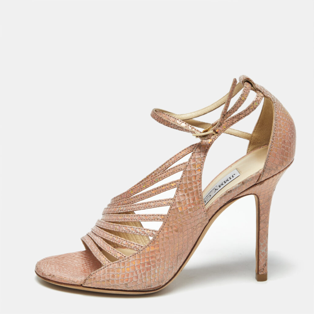 immy Choo Pink Snakeskin Embossed Leather Florry Sandals Size 36.5
