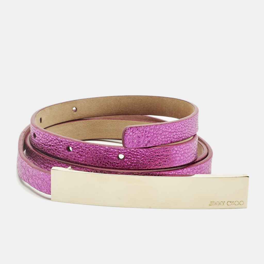 luxury-women-jimmy-choo-used-accessories-p1242225-001.jpg Jimmy Choo Metallic Pink Leather Metal Logo Waist Slim Belt 85CM