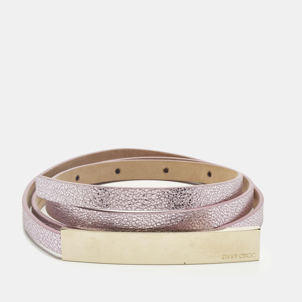 Jimmy Choo Metallic Pink Leather Logo Metal Slim Waist Belt 85CM Jimmy Choo Metallic Pink Leather Logo Metal Slim Waist Belt 85CM
