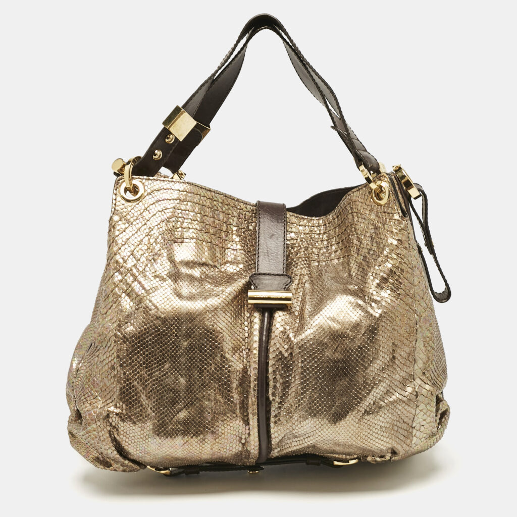 Jimmy Choo Gold/Brown Leather and Snakeskin Alex Shoulder Bag Jimmy Choo Gold/Brown Leather and Snakeskin Alex Shoulder Bag