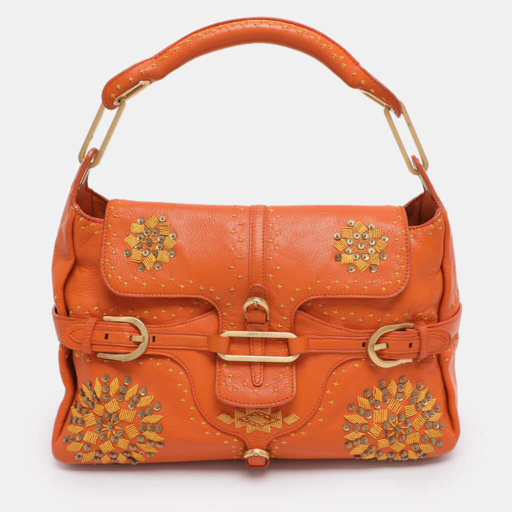 Jimmy Choo Orange Embroidered Leather Tulita Top Handle Bag Jimmy Choo Orange Embroidered Leather Tulita Top Handle Bag