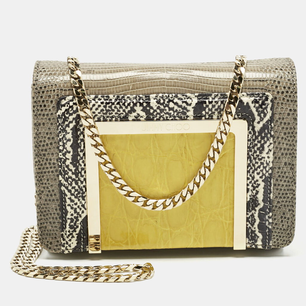 Jimmy Choo Grey/Yellow Croc and Lizard Alba Chain Shoulder Bag Jimmy Choo Grey/Yellow Croc and Lizard Alba Chain Shoulder Bag
