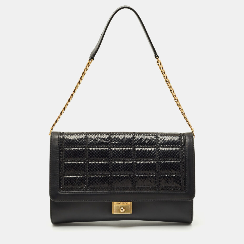 Jimmy Choo Black Leather and Snakeskin Cassie Shoulder Bag