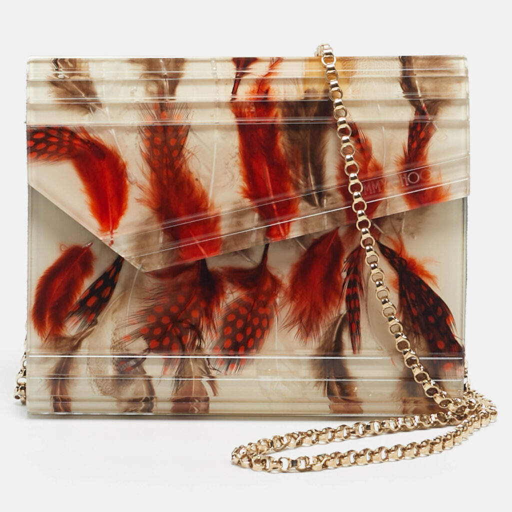 Jimmy Choo Clear/Multicolor Feather Print Acrylic Candy Chain Clutch Jimmy Choo Clear/Multicolor Feather Print Acrylic Candy Chain Clutch