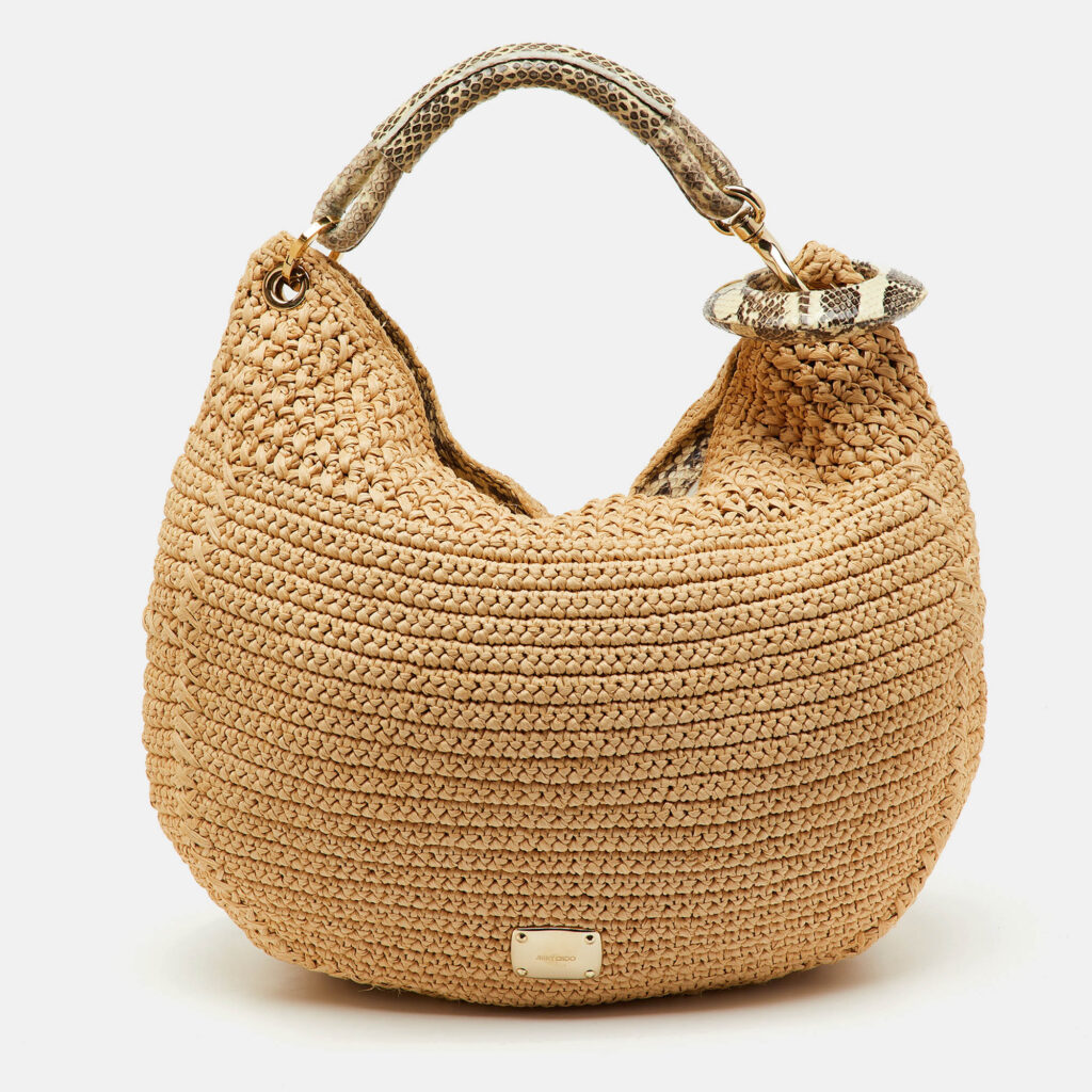 Jimmy Choo Beige/Black Raffia and Snakeskin Trim Sky Hobo