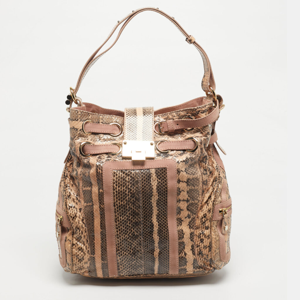 Jimmy Choo Pink Watersnake Leather and Suede Buckle Tote
