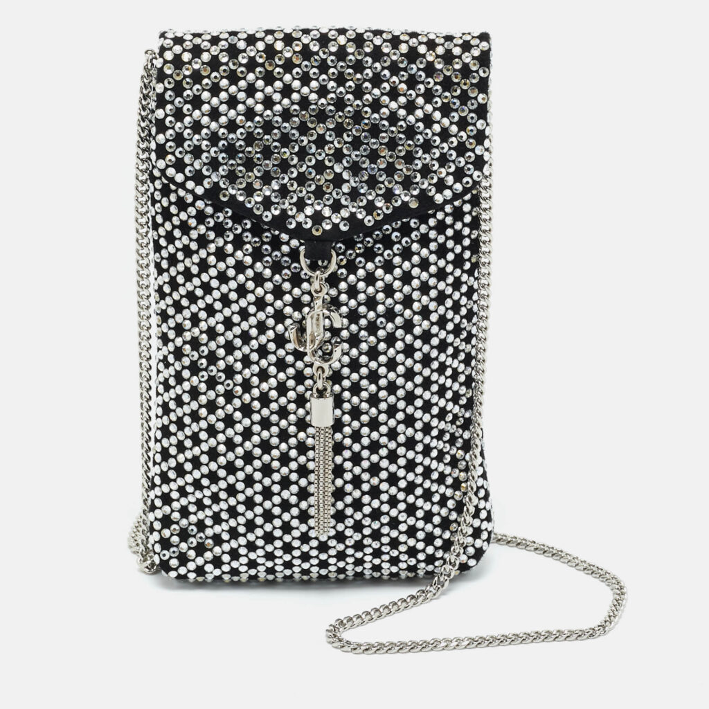 Jimmy Choo Black Suede Crystal Embellished Phone Pouch with Chain Jimmy Choo Black Suede Crystal Embellished Phone Pouch with Chain