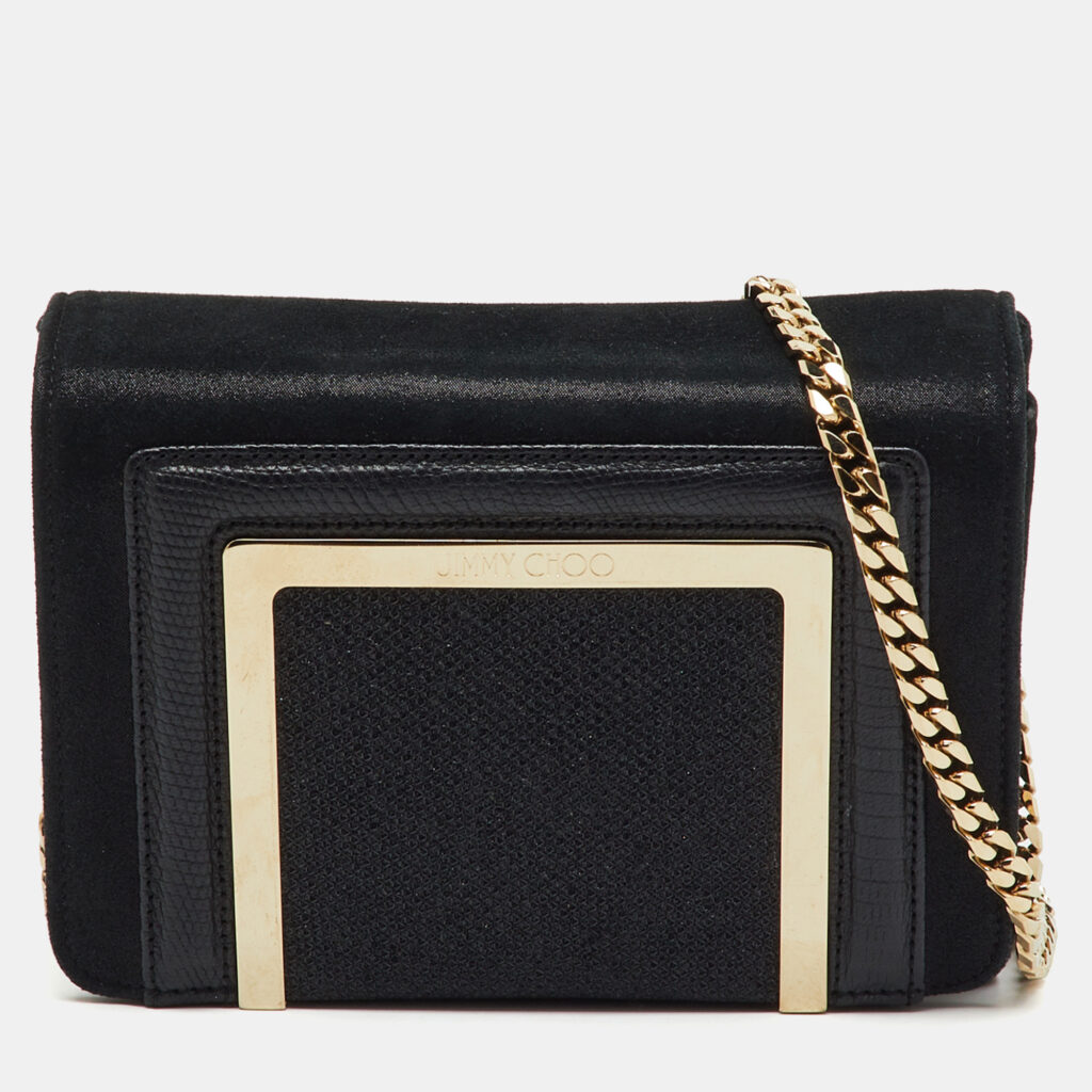 luxury-women-jimmy-choo-used-handbags-p1219314-002-1.jpg Jimmy Choo Black Leather and Shimmer Fabric Alba Chain Clutch
