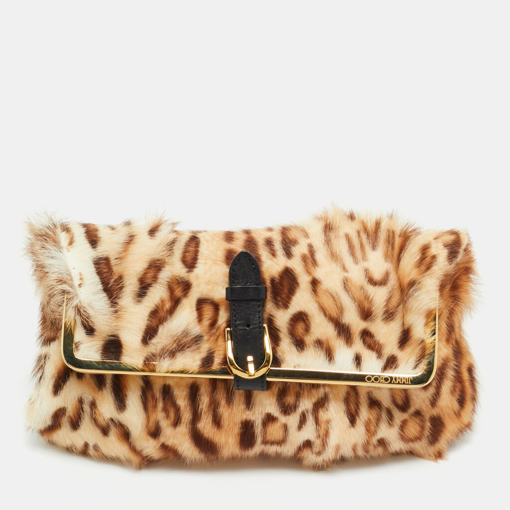 Jimmy Choo Brown Leopard Print Calf Hair Frame Pouch