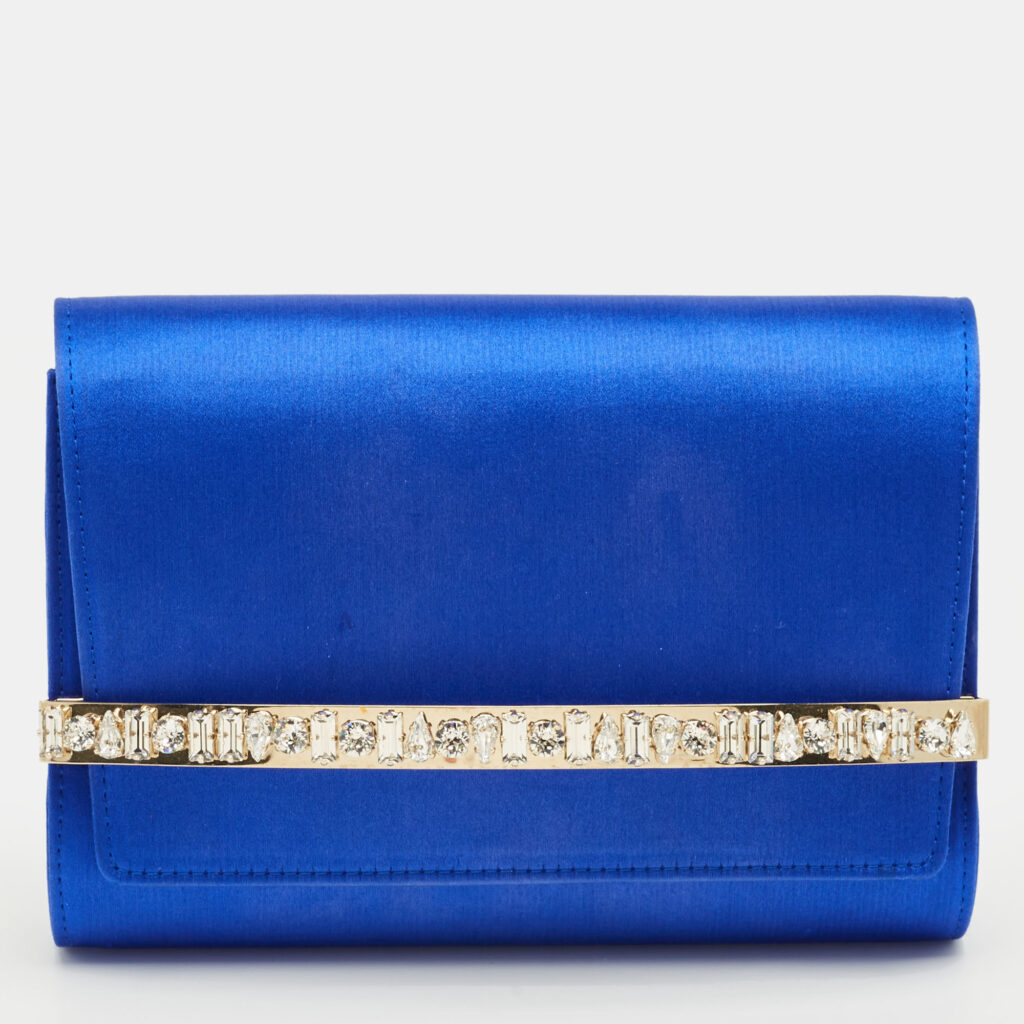 Jimmy Choo Blue Satin Crystals Embellished Flap Clutch