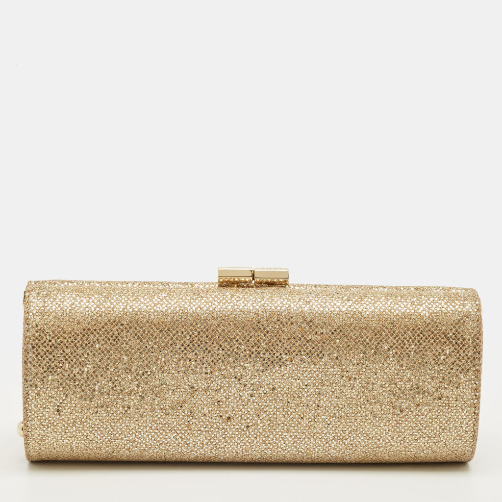 Jimmy Choo Gold Glitter Fabric Tube Clutch Jimmy Choo Gold Glitter Fabric Tube Clutch