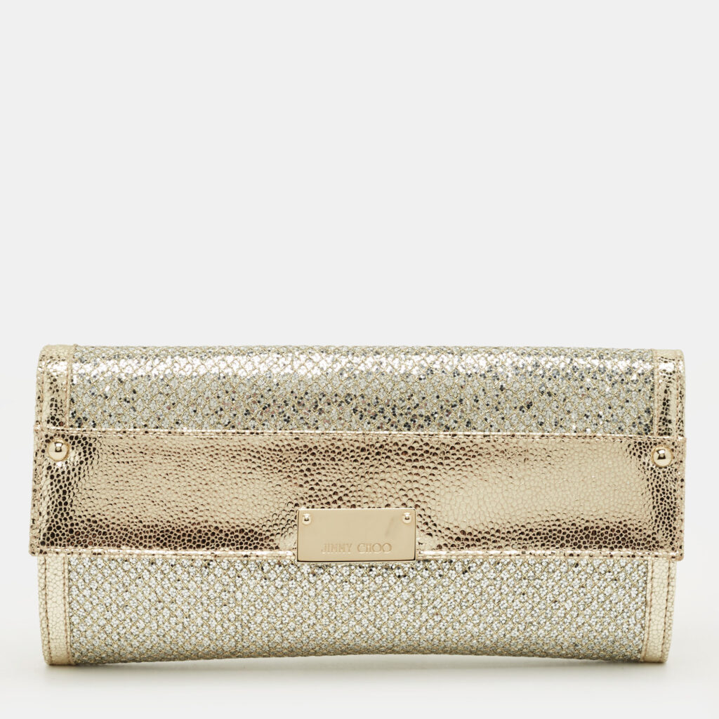 Jimmy Choo Silver/Gold Glitter and Leather Reese Flap Clutch Jimmy Choo Silver/Gold Glitter and Leather Reese Flap Clutch