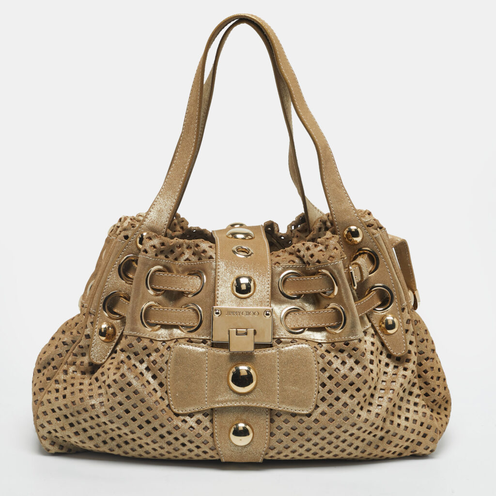 Jimmy Choo Gold Shimmer Perforated Suede Riki Tote Jimmy Choo Gold Shimmer Perforated Suede Riki Tote