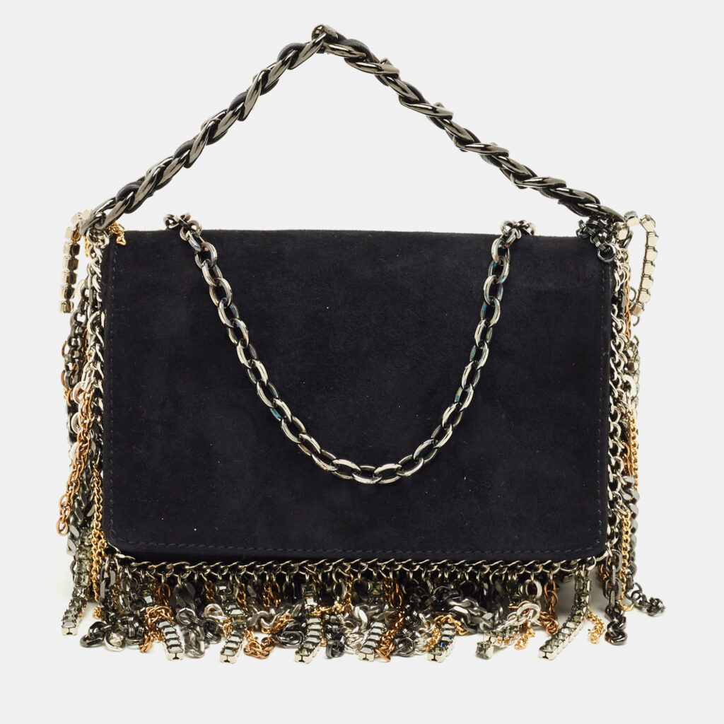 Jimmy Choo Black Suede Chain Embellished Fringe Shoulder Bag Jimmy Choo Black Suede Chain Embellished Fringe Shoulder Bag