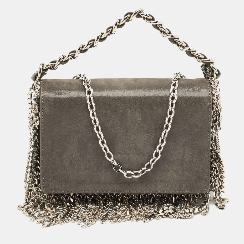Jimmy Choo Grey Shimmer Suede Chain Embellished Fringe Shoulder Bag Jimmy Choo Grey Shimmer Suede Chain Embellished Fringe Shoulder Bag
