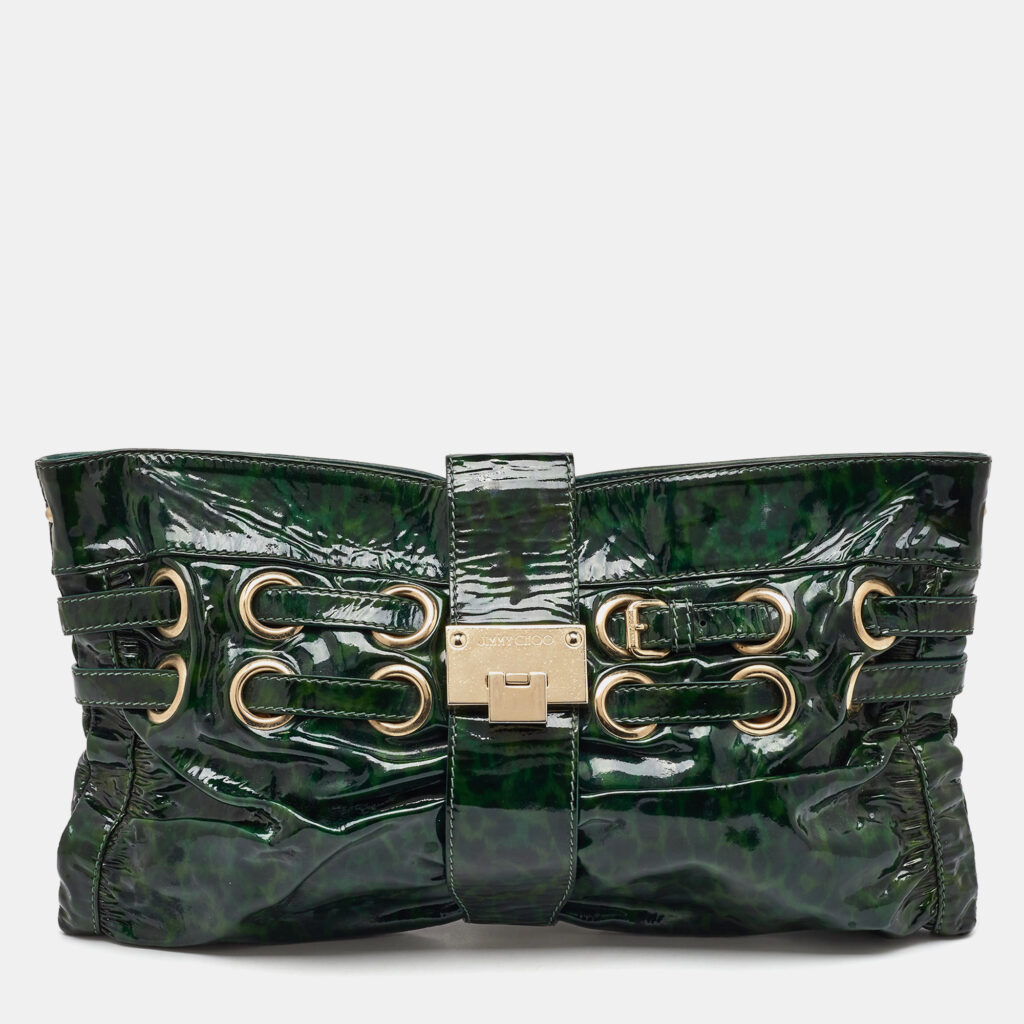 Jimmy Choo Green Leopard Print Patent Leather Clutch Jimmy Choo Green Leopard Print Patent Leather Clutch