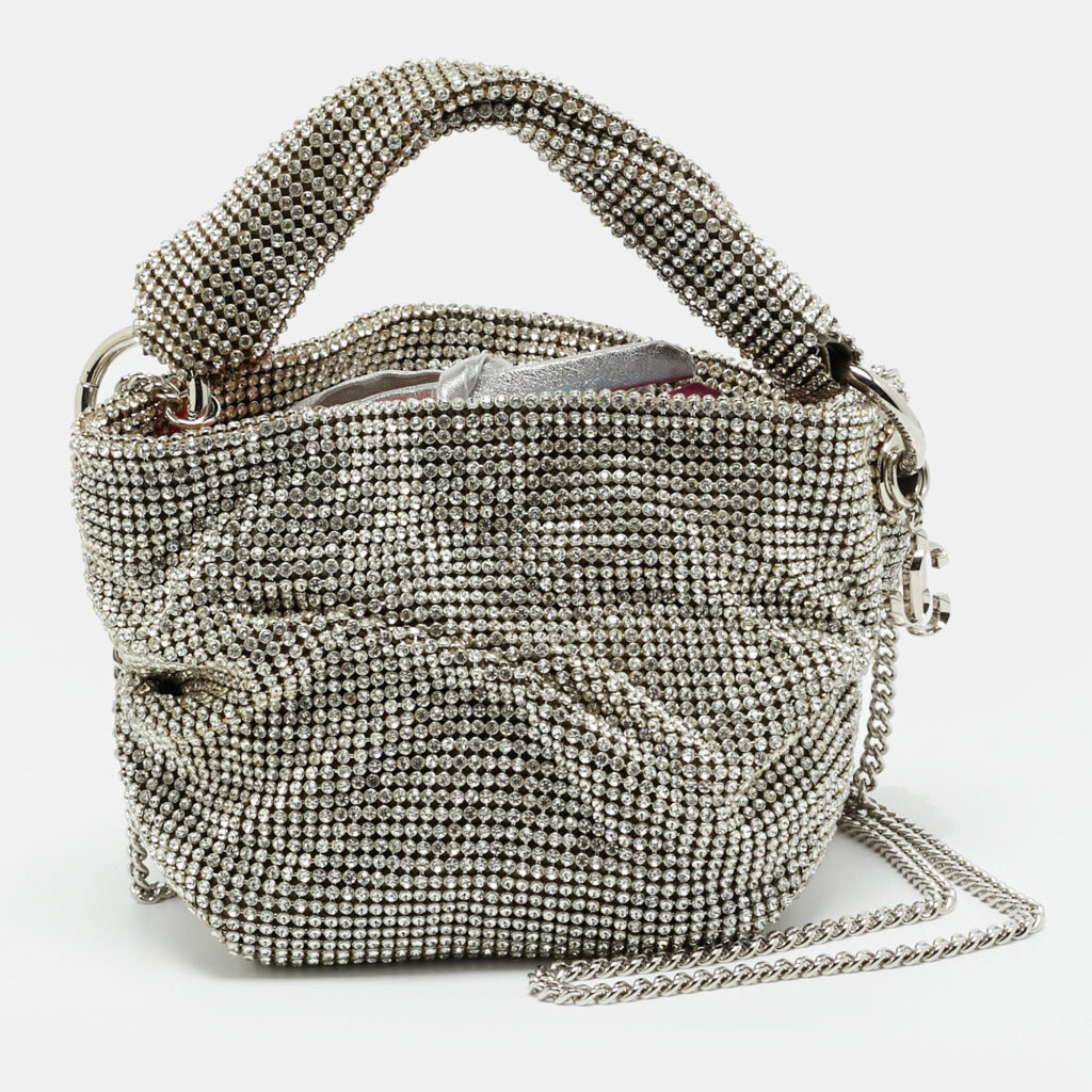 Jimmy Choo Silver Crystal Mesh and Satin Bonny Chain Clutch