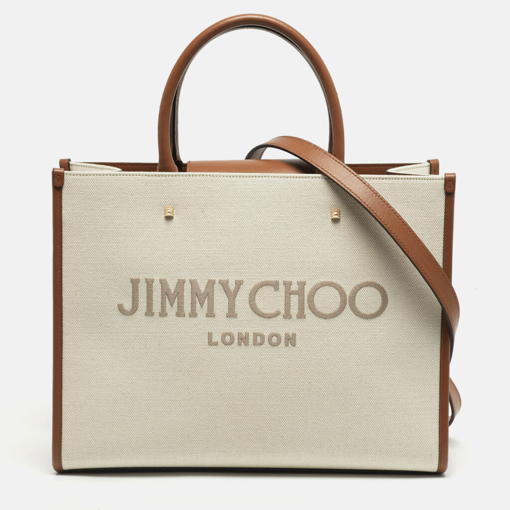Jimmy Choo Avenue Medium Brown/Off White Canvas and Leather Tote Jimmy Choo Avenue Medium Brown/Off White Canvas and Leather Tote