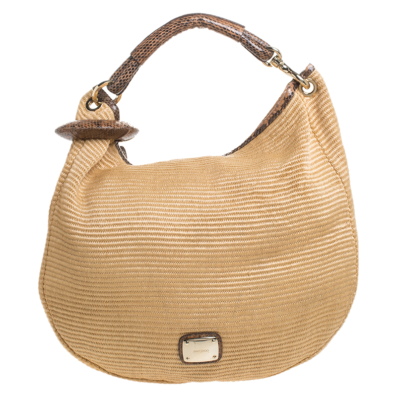 Jimmy Choo Tan Straw and Snake Skin Trim Handle Sky Hobo Jimmy Choo Tan Straw and Snake Skin Trim Handle Sky Hobo