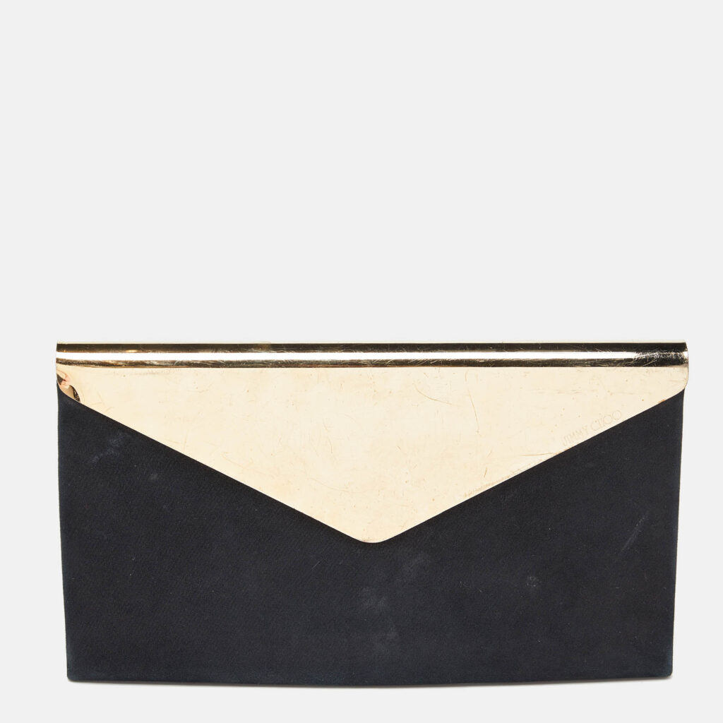 Jimmy Choo Black Shimmer Suede Charlize Metal Envelope Clutch Jimmy Choo Black Shimmer Suede Charlize Metal Envelope Clutch