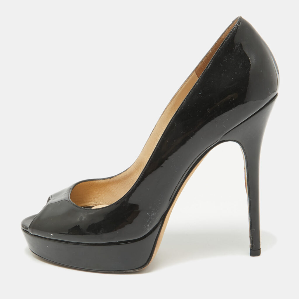 Jimmy Choo Black Patent Leather Crown Peep Toe Pumps Size 39