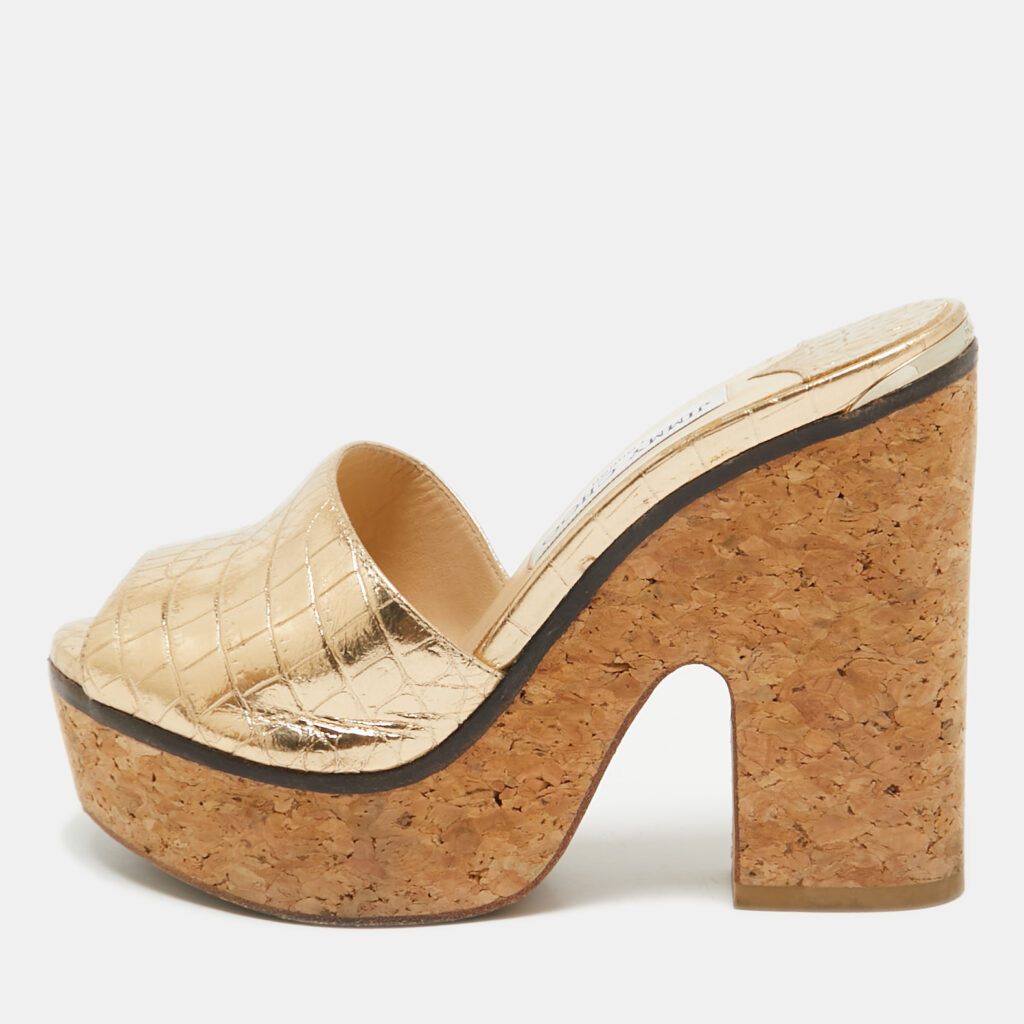 Jimmy Choo Gold Croc Embossed Leather Slide Sandals Size 36.5 Jimmy Choo Gold Croc Embossed Leather Slide Sandals Size 36.5