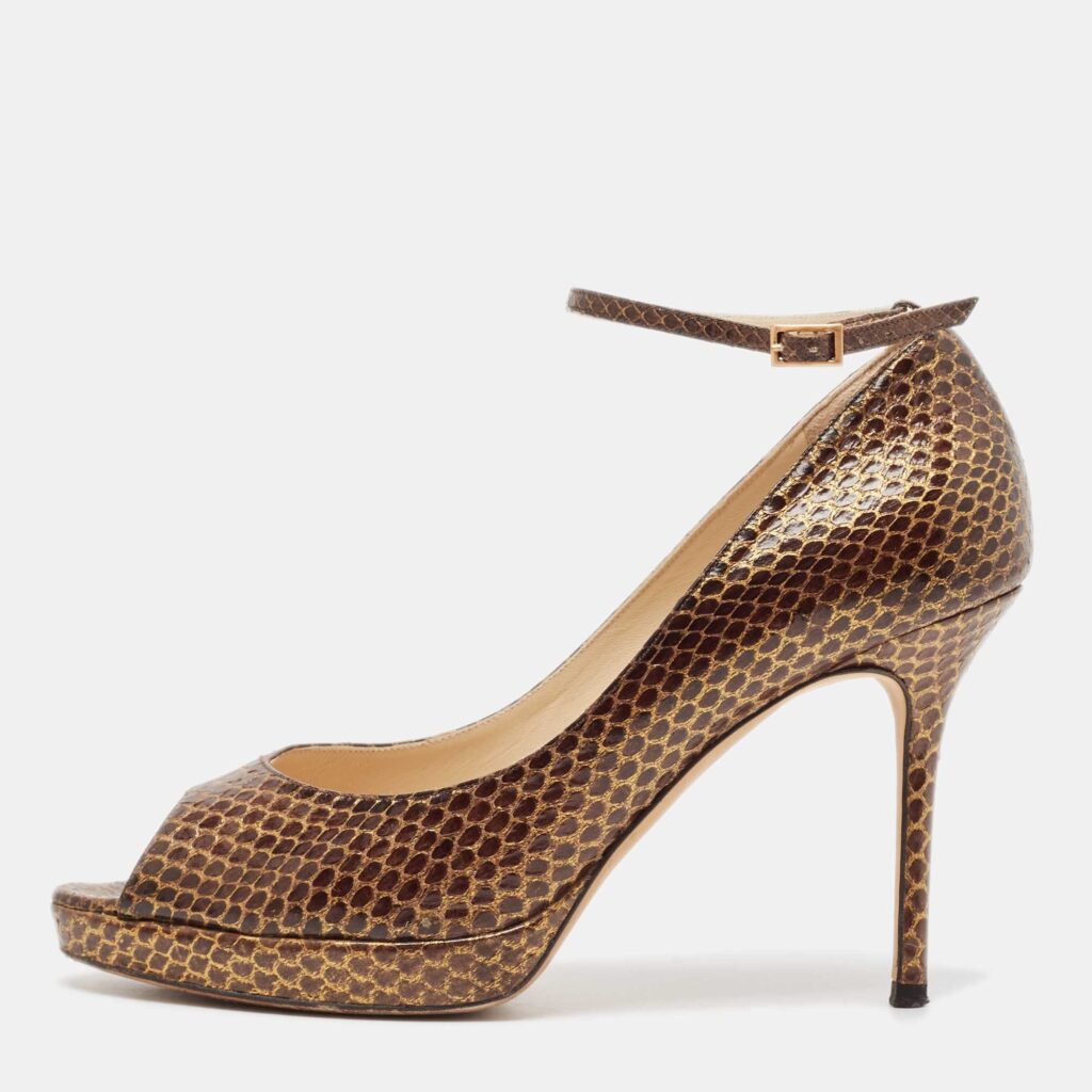 Jimmy Choo Brown Python Leather Peep Toe Pumps Size 39.5 Jimmy Choo Brown Python Leather Peep Toe Pumps Size 39.5