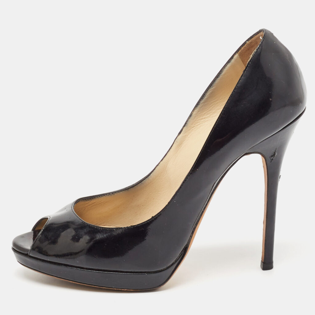 Jimmy Choo Black Patent Leather Cosmic Peep Toe Pumps Size 38.5 Jimmy Choo Black Patent Leather Cosmic Peep Toe Pumps Size 38.5