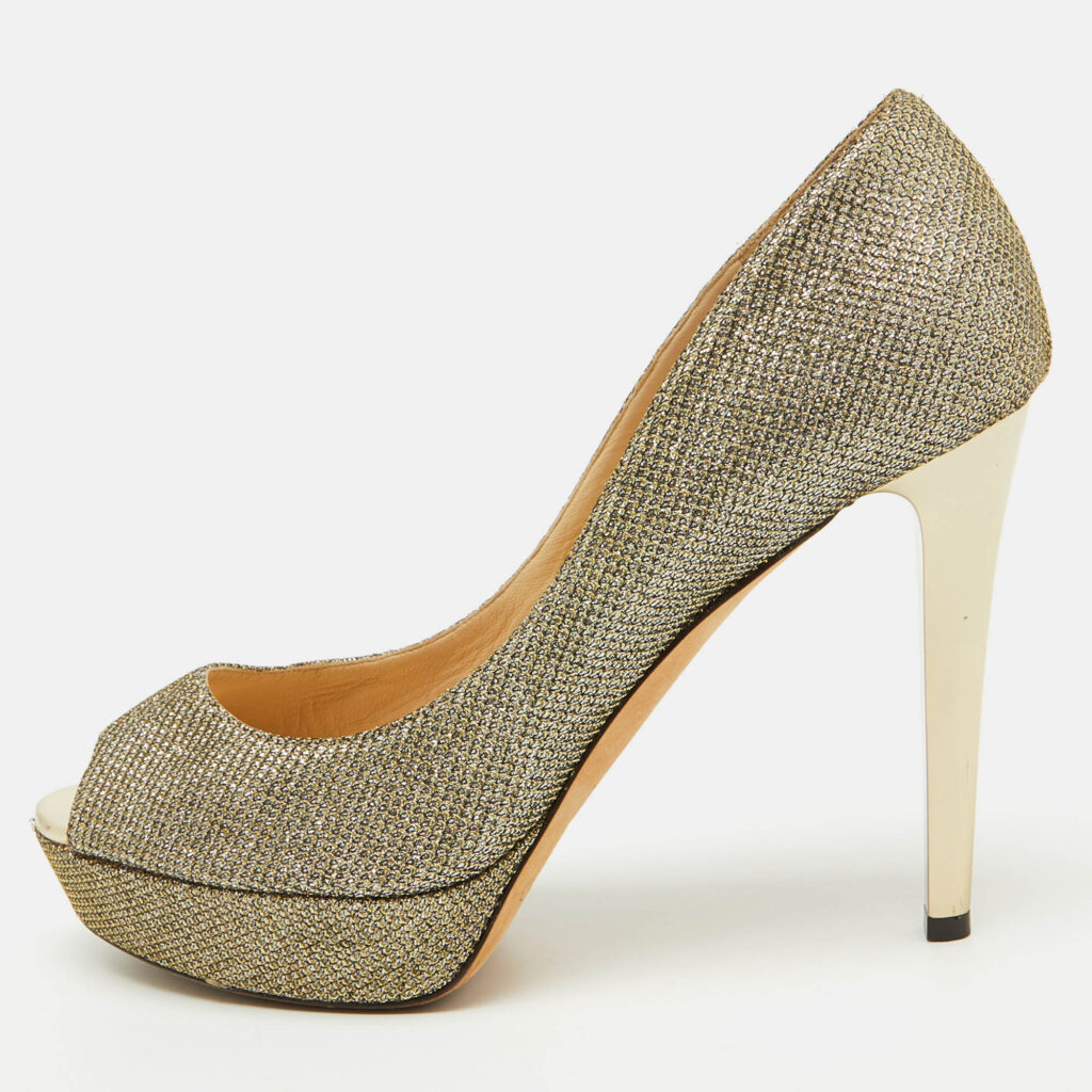 Jimmy Choo Metallic Gold Lurex Fabric Peep Toe Platform Pumps Size 39.5 Jimmy Choo Metallic Gold Lurex Fabric Peep Toe Platform Pumps Size 39.5