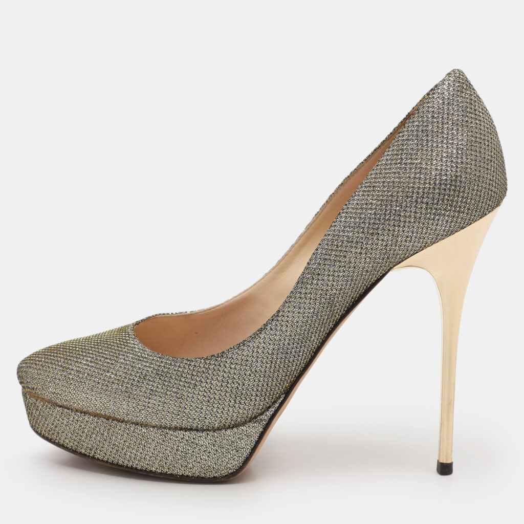 Jimmy Choo Gold Coarse Glitter Eros Platform Pumps Size 39.5