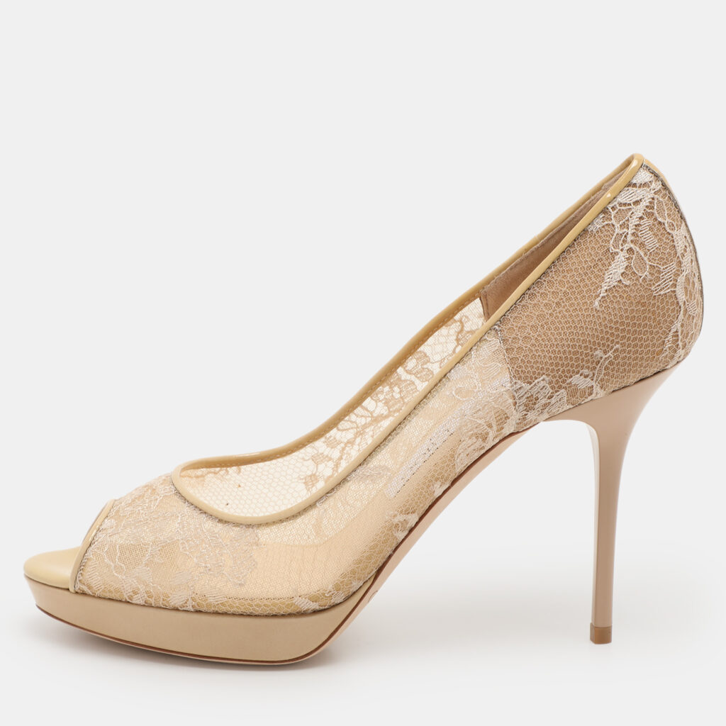 luxury-women-jimmy-choo-used-shoes-p1109152-006-1.jpg Jimmy Choo Beige Lace Luna Peep Toe Pumps Size 36.5