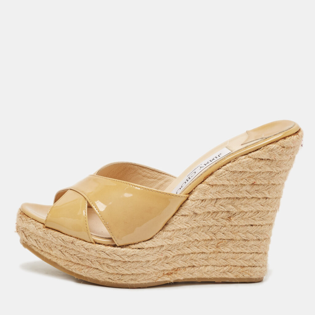 Jimmy Choo Beige Patent Leather Phyllis Espadrilles Platform Wedges Sandals Size 37