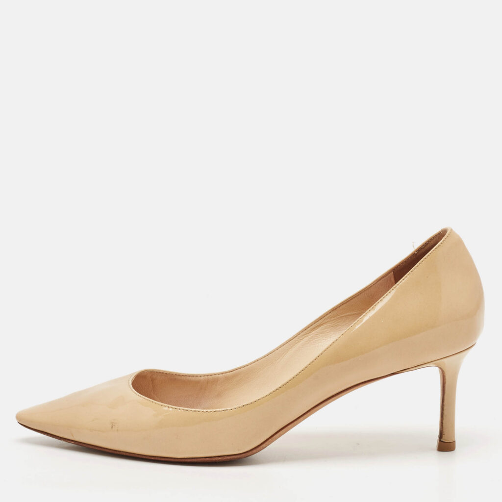 Jimmy Choo Beige Patent Leather Romy Pointed Toe Pumps Size 37