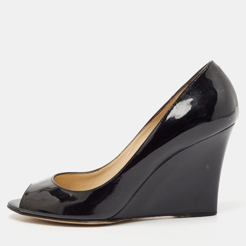Jimmy Choo Black Patent Leather Baxen Peep Toe Wedge Pumps Size 37.5 Jimmy Choo Black Patent Leather Baxen Peep Toe Wedge Pumps Size 37.5