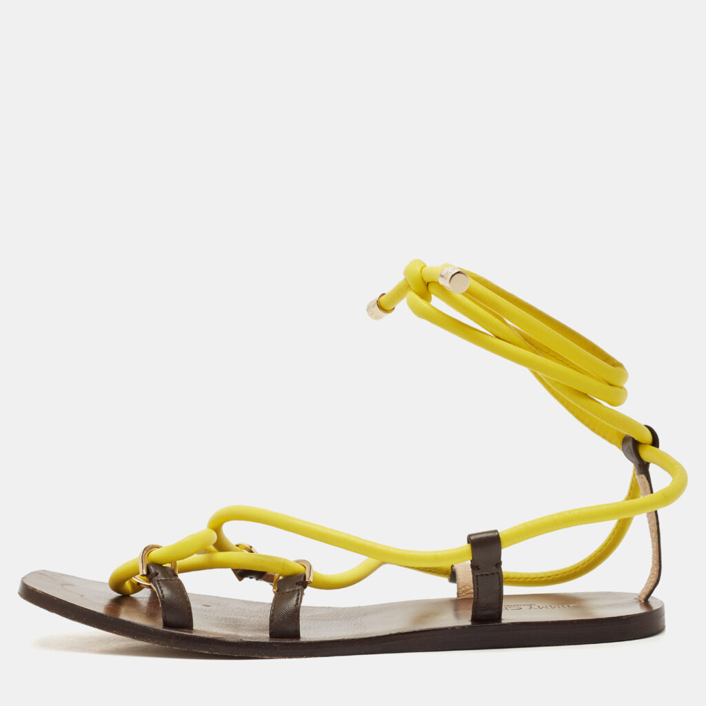 Jimmy Choo Brown/Yellow Rope and Leather Aziza Flat Ankle Wrap Sandals Size 39.5 Jimmy Choo Brown/Yellow Rope and Leather Aziza Flat Ankle Wrap Sandals Size 39.5