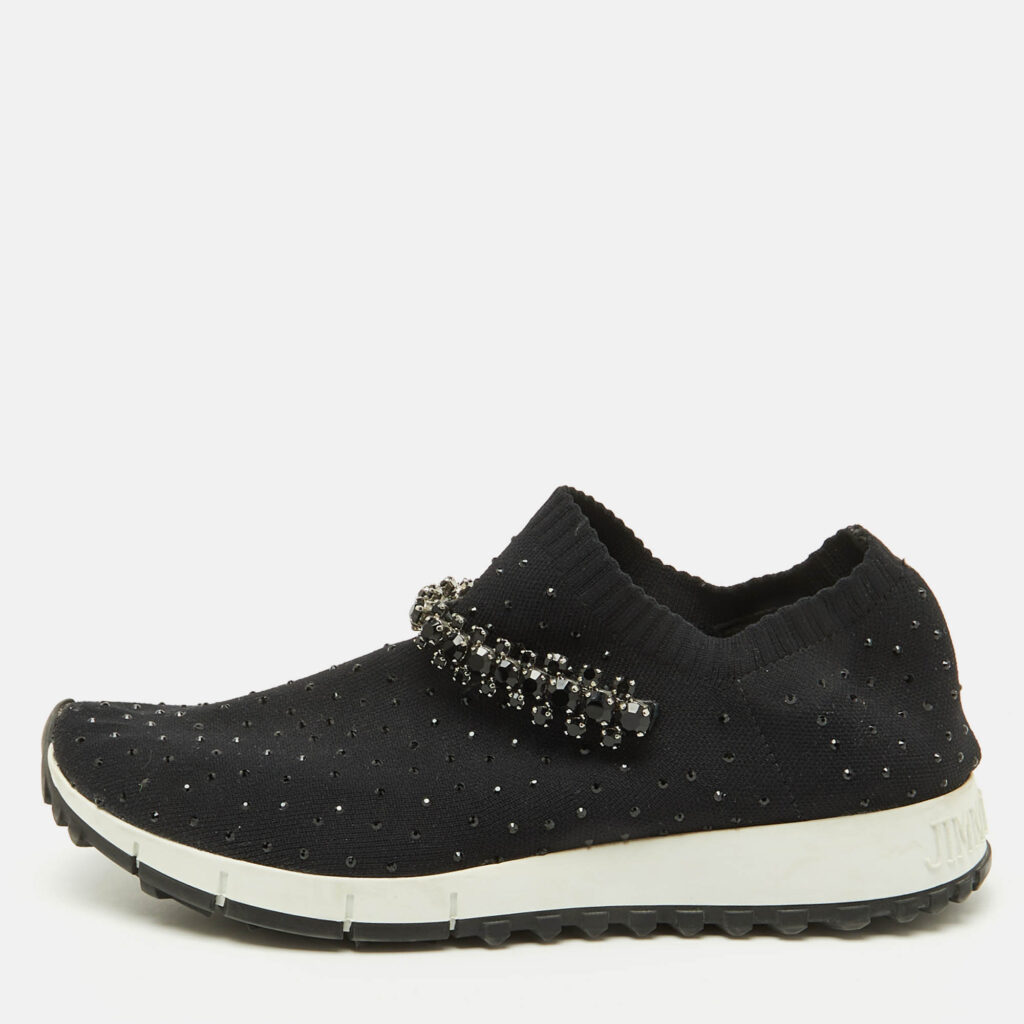Jimmy Choo Black Knit Fabric Crystal Embellished Verona Sneakers Size 35