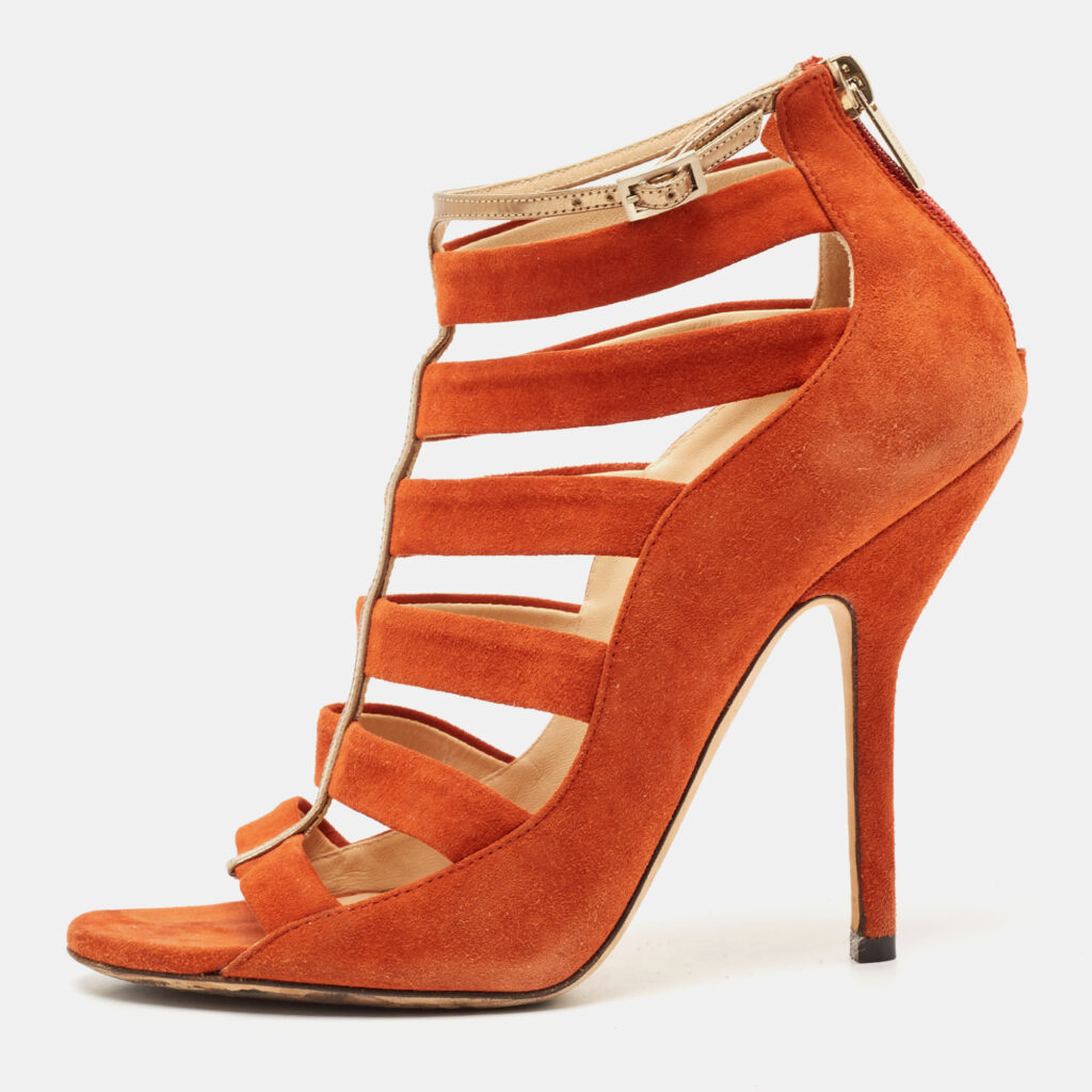 Jimmy Choo Orange Suede Gladiator Sandals Size 37.5