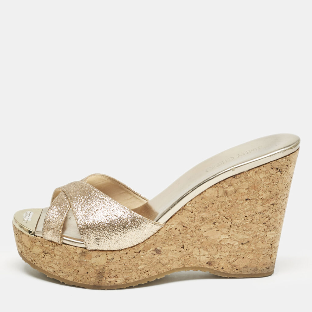 luxury-women-jimmy-choo-used-shoes-p1161333-003-1.jpg Jimmy Choo Metallic Gold Glitter Prima Cork Platform Wedge Sandals Size 37