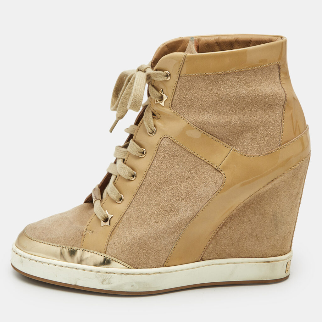 Jimmy Choo Beige Suede and Patent Leather Panama Wedge Sneakers Size 39 Jimmy Choo Beige Suede and Patent Leather Panama Wedge Sneakers Size 39