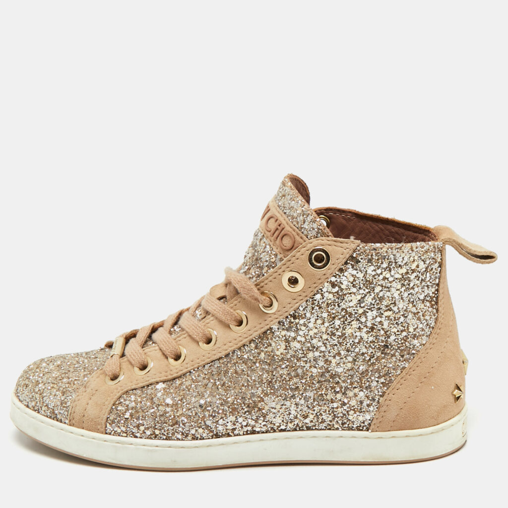 Jimmy Choo Beige/Silver Glitter and Suede High Top Sneakers Size 38