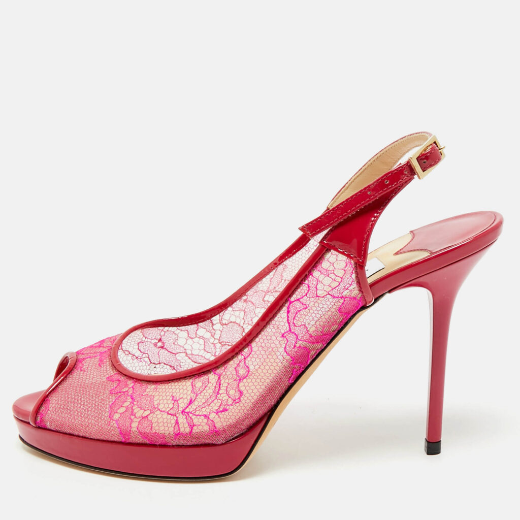 Jimmy Choo Pink/Burgundy Patent and Lace Nova Slingback Sandals Size 36 Jimmy Choo Pink/Burgundy Patent and Lace Nova Slingback Sandals Size 36