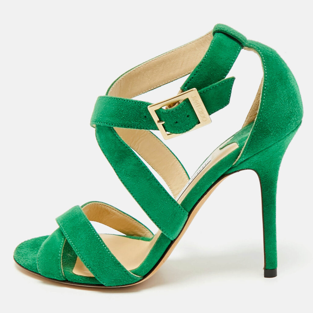 Jimmy Choo Green Suede Crisscross Ankle Strap Sandals Size 36