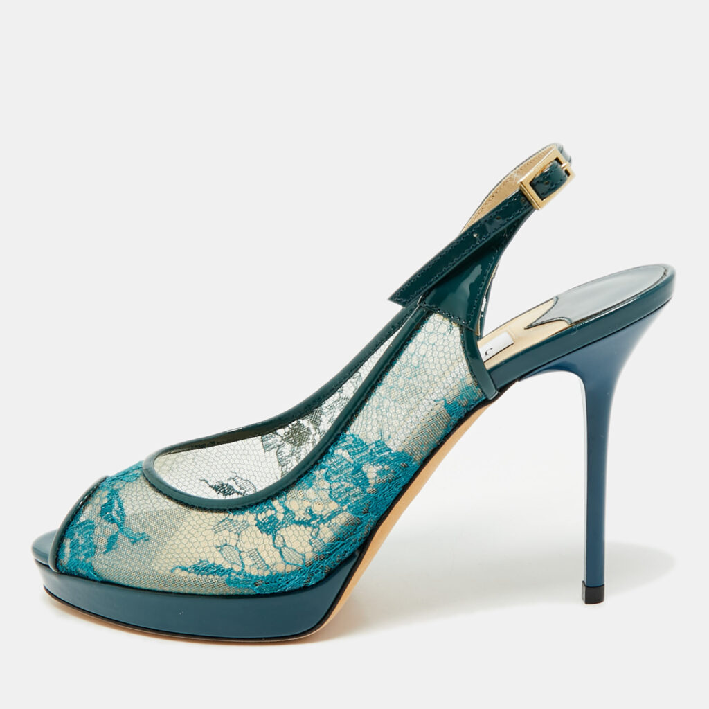 Jimmy Choo Green Lace and Patent Leather Nova Peep-Toe Slingback Sandals Size 36 Jimmy Choo Green Lace and Patent Leather Nova Peep-Toe Slingback Sandals Size 36