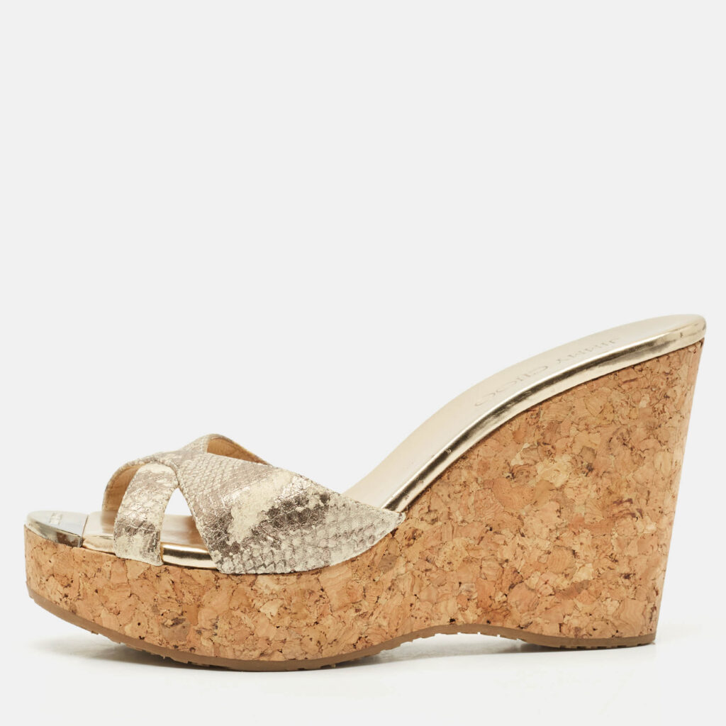 Jimmy Choo Metallic Gold Python Embossed Leather Prima Cork Platform Wedge Sandals Size 38 Jimmy Choo Metallic Gold Python Embossed Leather Prima Cork Platform Wedge Sandals Size 38