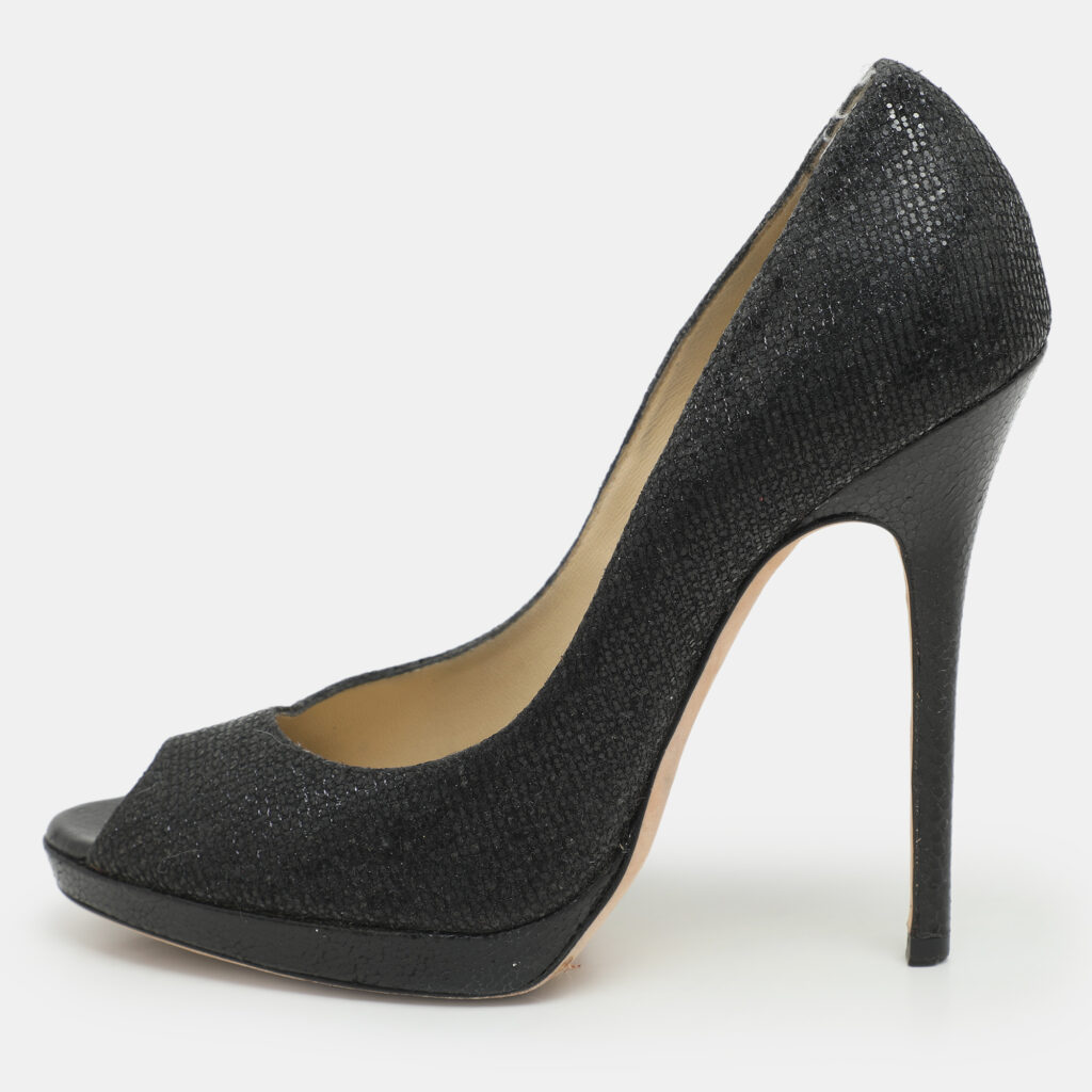 Jimmy Choo Black Glitter Fabric and Leather Luna Platform Pumps Size 39