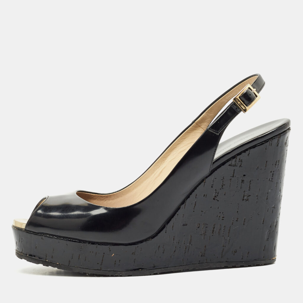 Jimmy Choo Black Patent Platform Wedge Slingback Sandals Size 41