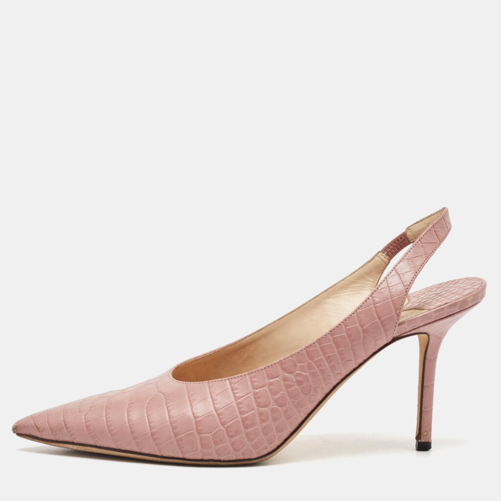 Jimmy Choo Light Pink Croc Embossed Leather Pointed Toe Slingback Pumps Size 39.5