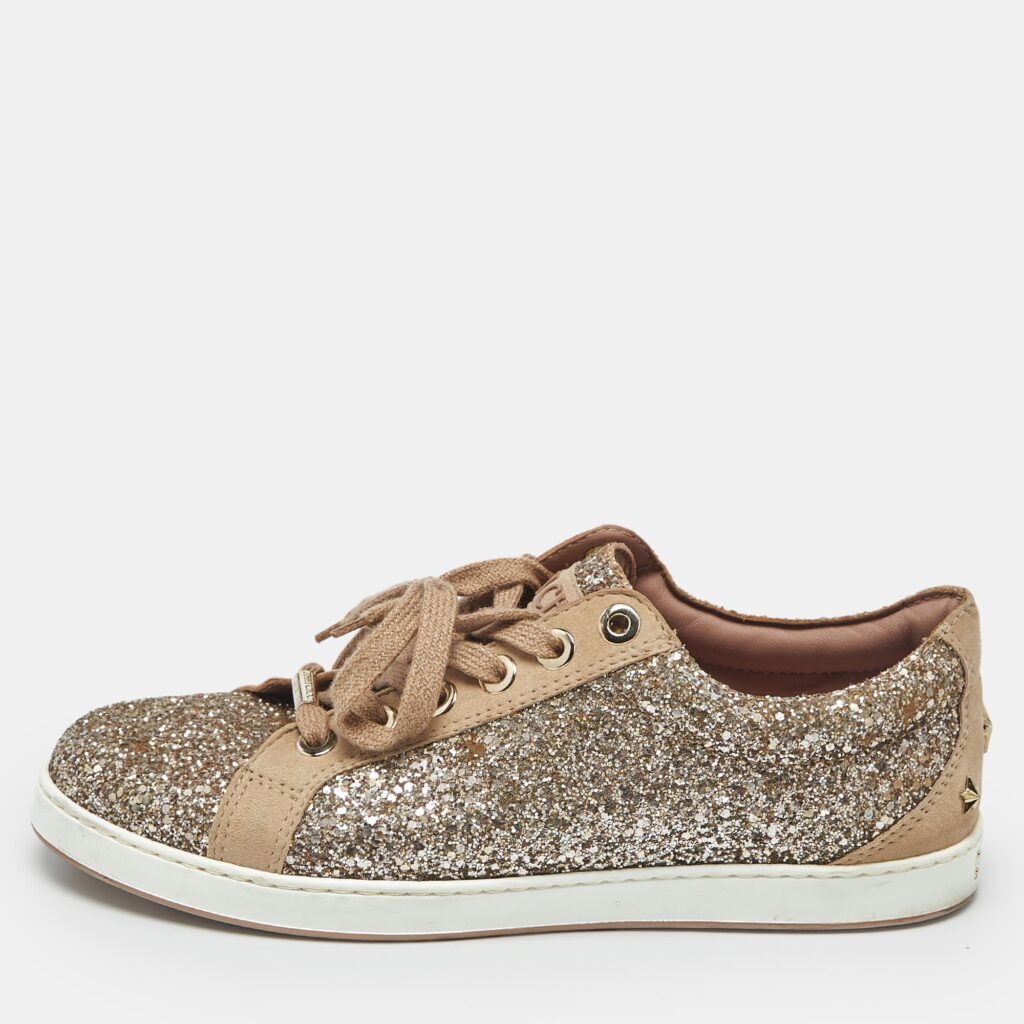 Jimmy Choo Metallic Beige Glitter and Suede Low Top Sneakers Size 39.5