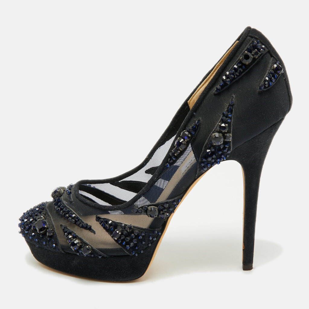 Jimmy Choo Navy Blue Crystal Embellished Suede and Mesh Kershaw Platform Pumps Size 41