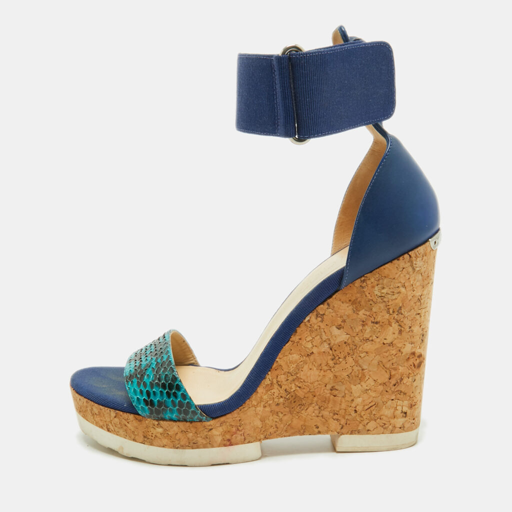 Jimmy Choo Blue Python and Leather Neston Cork Platform Wedge Sandals Size 41 Jimmy Choo Blue Python and Leather Neston Cork Platform Wedge Sandals Size 41